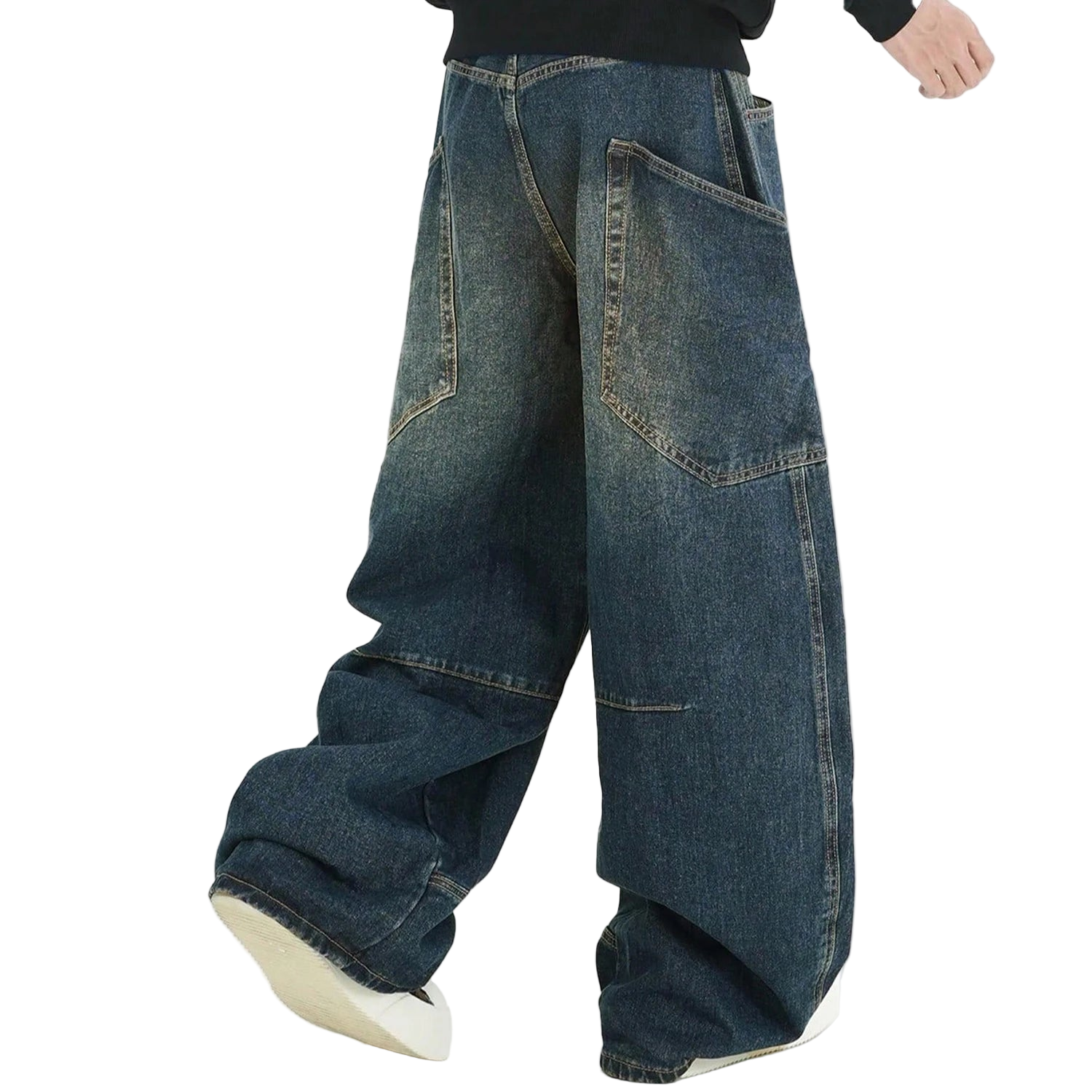Vintage Washed Denim Pants with Large Pockets