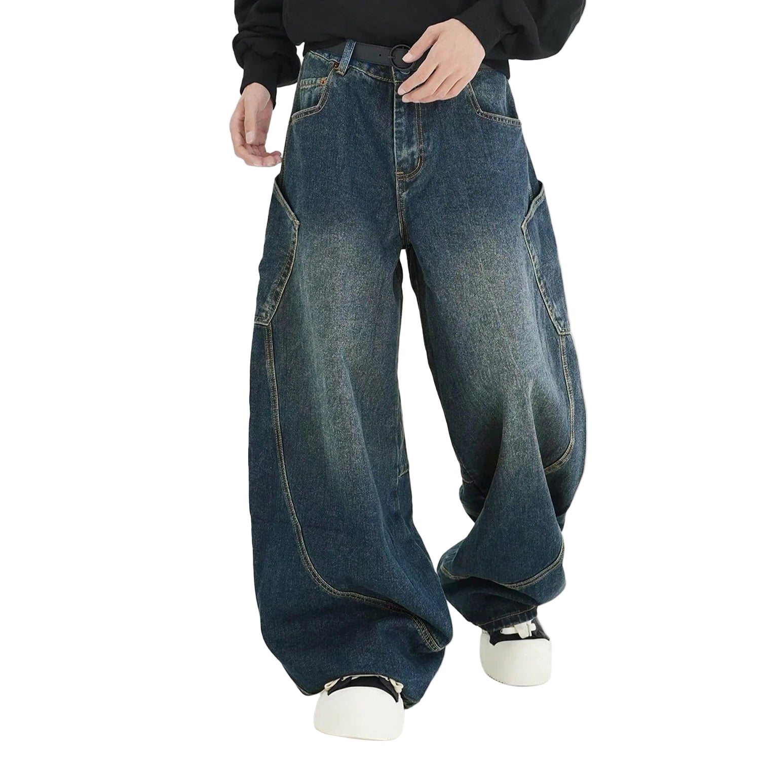 Vintage Washed Denim Pants with Large Pockets