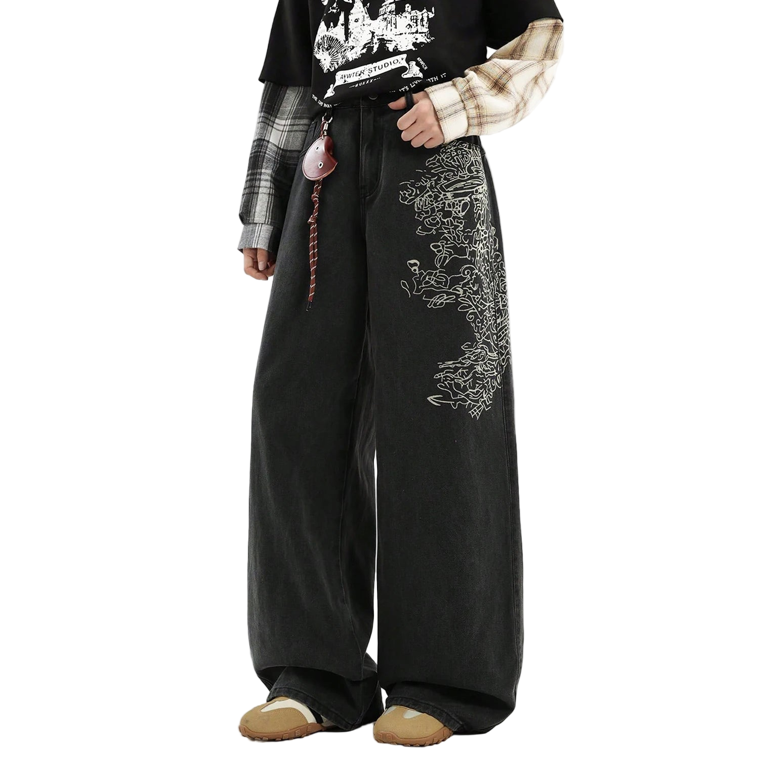 Loose Wide Leg Printed Baggy Denim Pants