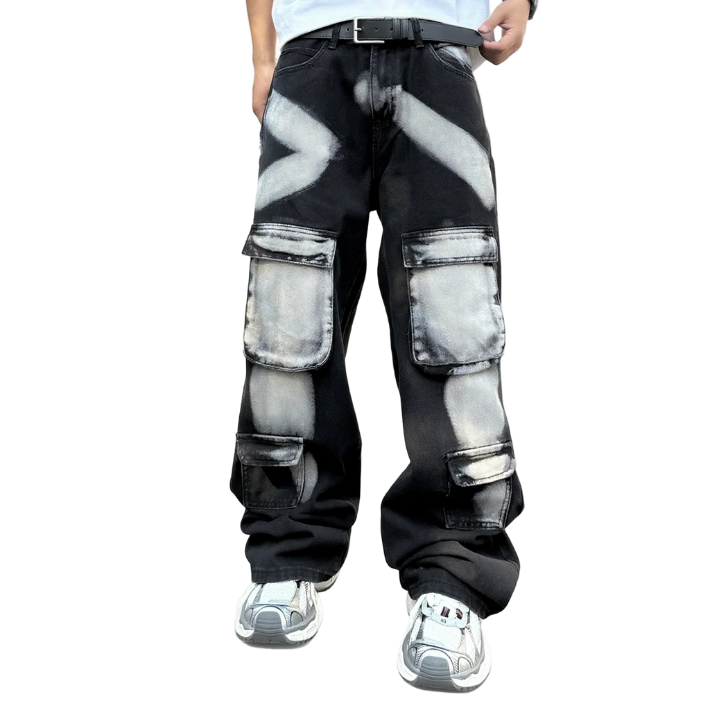 Black Workwear Cargo Jeans Splashed Ink