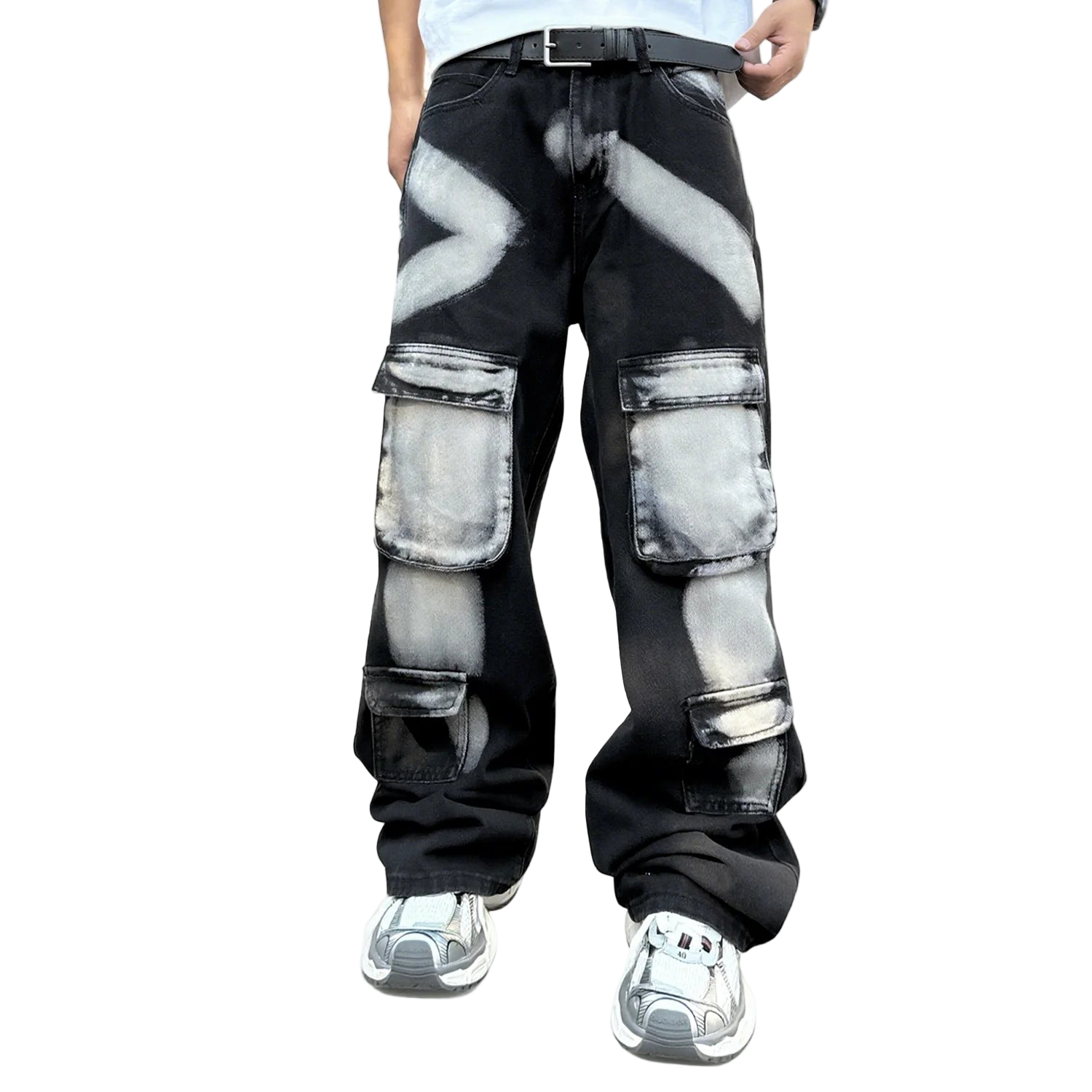 Black Workwear Cargo Jeans Splashed Ink