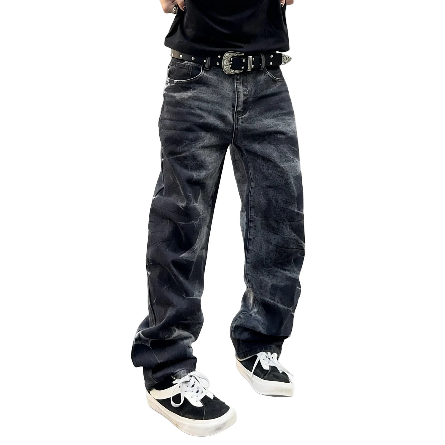 Black Straight Leg Splashed Ink Denim Pants