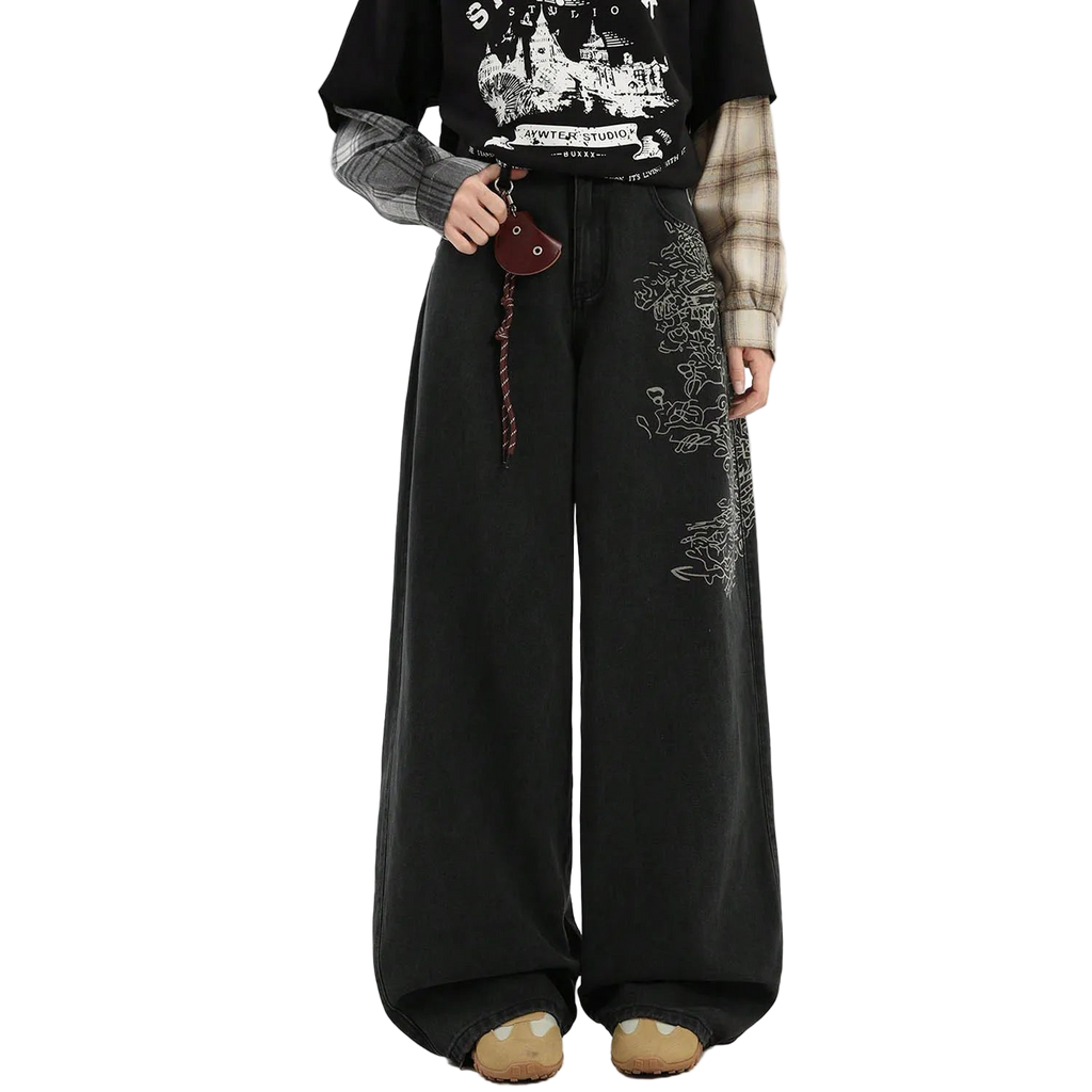 Loose Wide Leg Printed Baggy Denim Pants