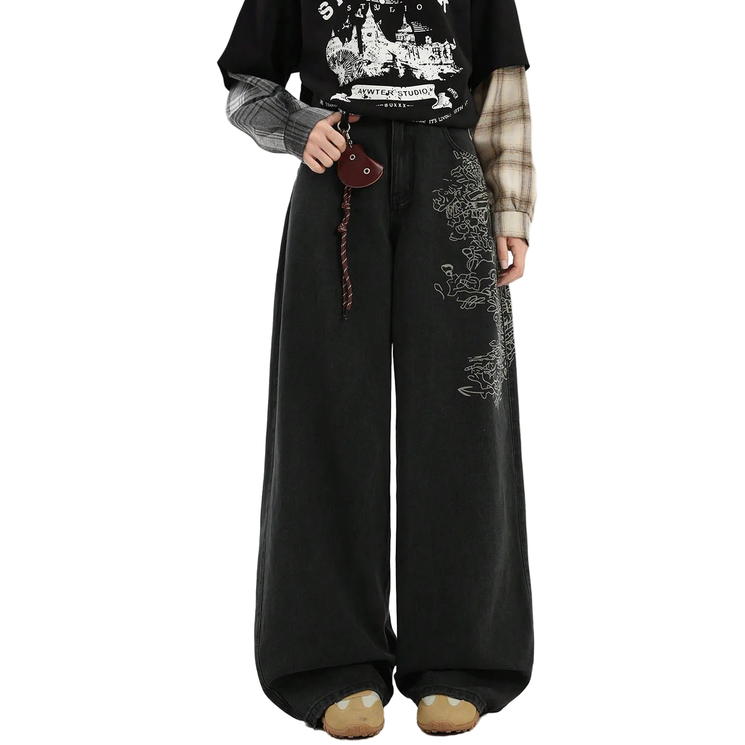 Loose Wide Leg Printed Baggy Denim Pants