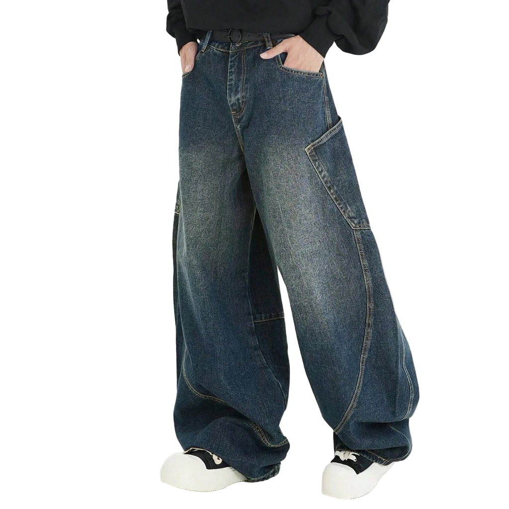 Vintage Washed Denim Pants with Large Pockets