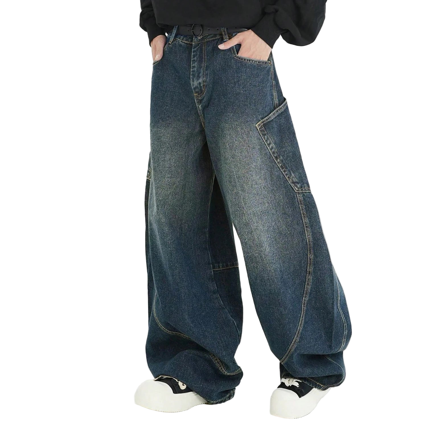 Vintage Washed Denim Pants with Large Pockets