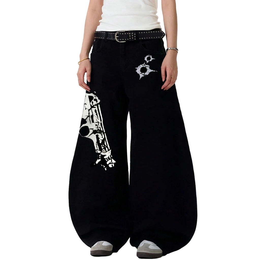 Baggy Pistol Print Machete Wide Leg Denim Pants