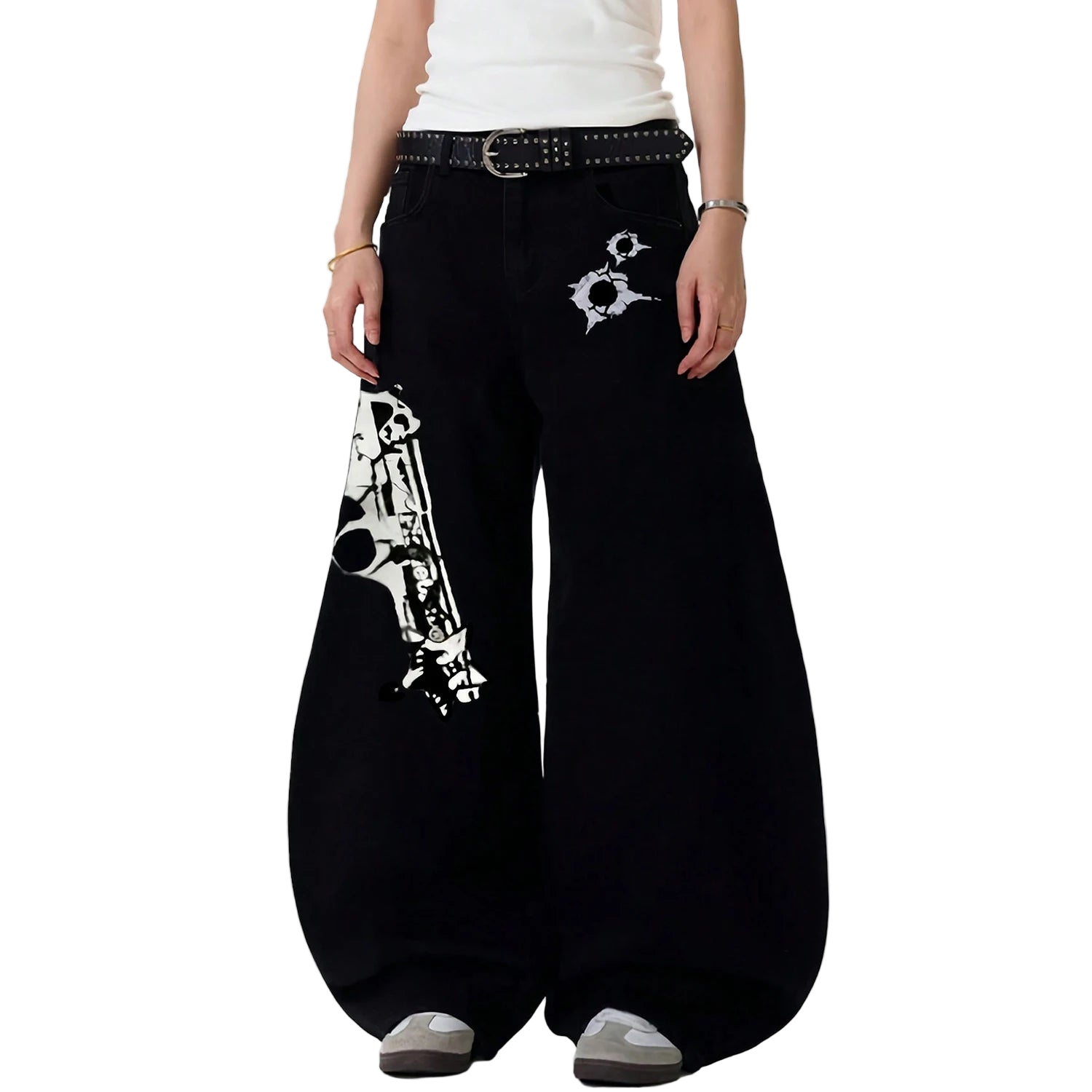 Baggy Pistol Print Machete Wide Leg Denim Pants