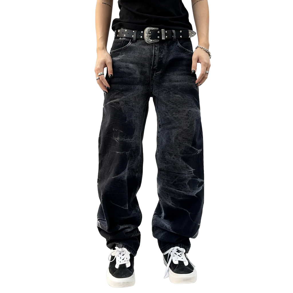 Black Straight Leg Splashed Ink Denim Pants