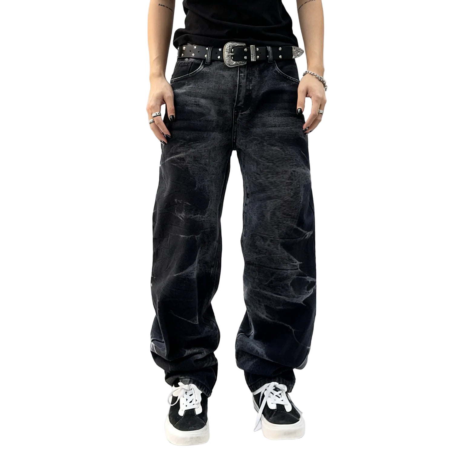 Black Straight Leg Splashed Ink Denim Pants