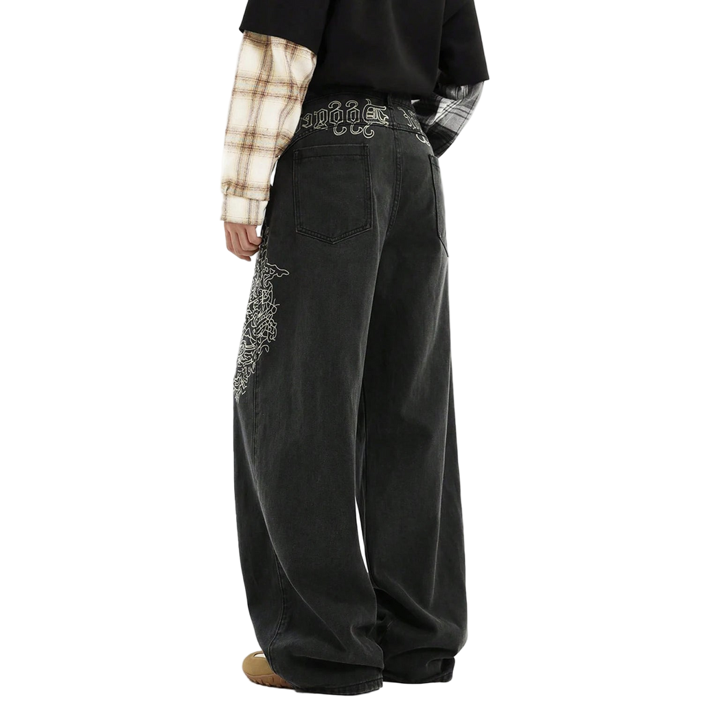 Loose Wide Leg Printed Baggy Denim Pants