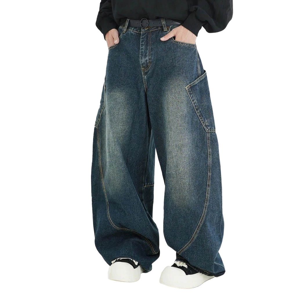 Vintage Washed Denim Pants with Large Pockets