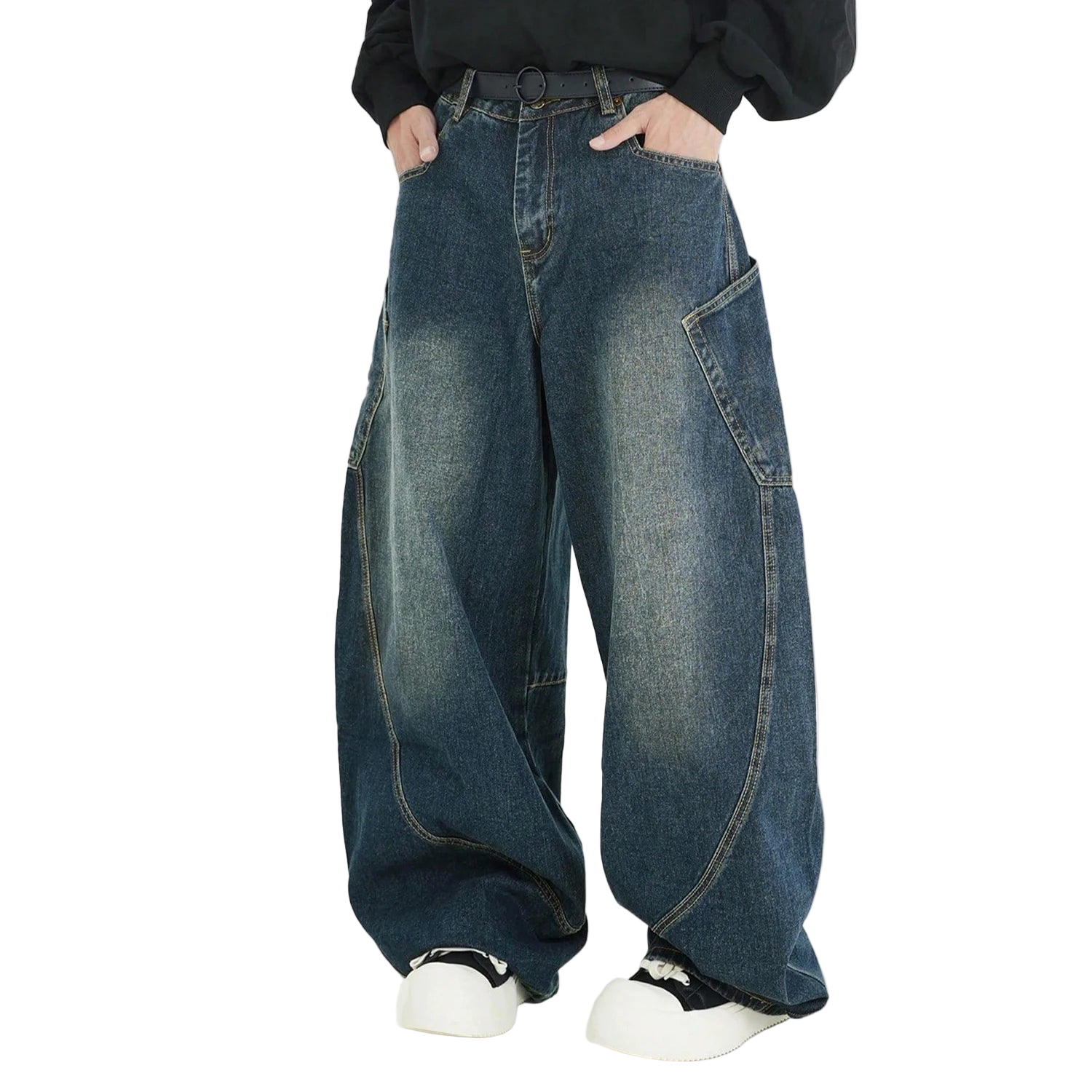 Vintage Washed Denim Pants with Large Pockets