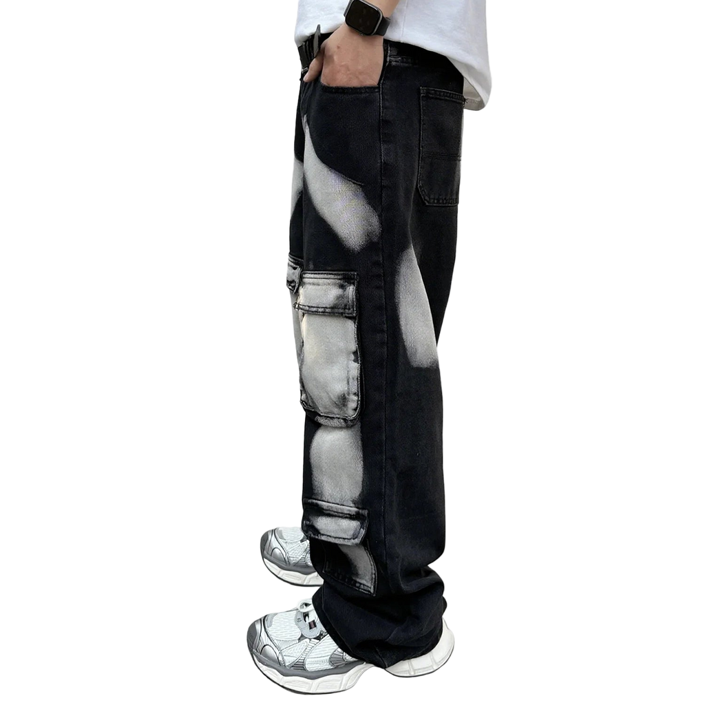 Black Workwear Cargo Jeans Splashed Ink