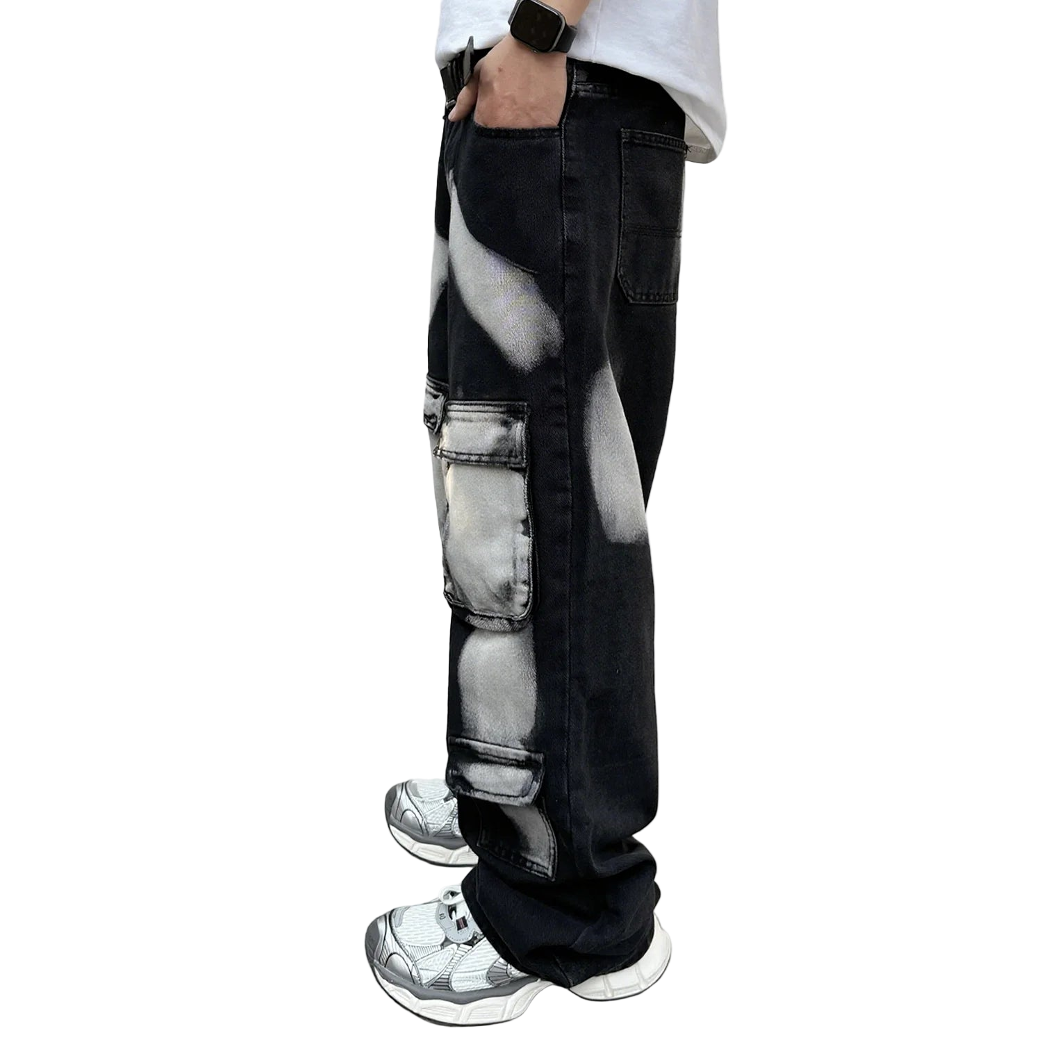Black Workwear Cargo Jeans Splashed Ink