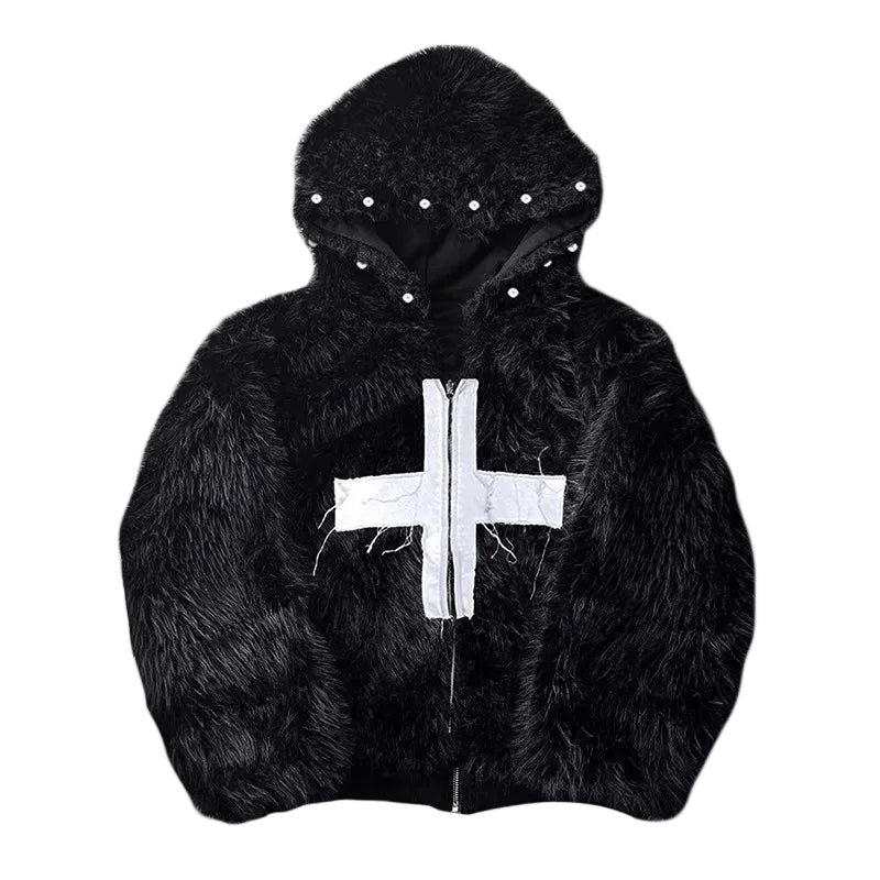 Faux Fur Coat with Riveted Hood
