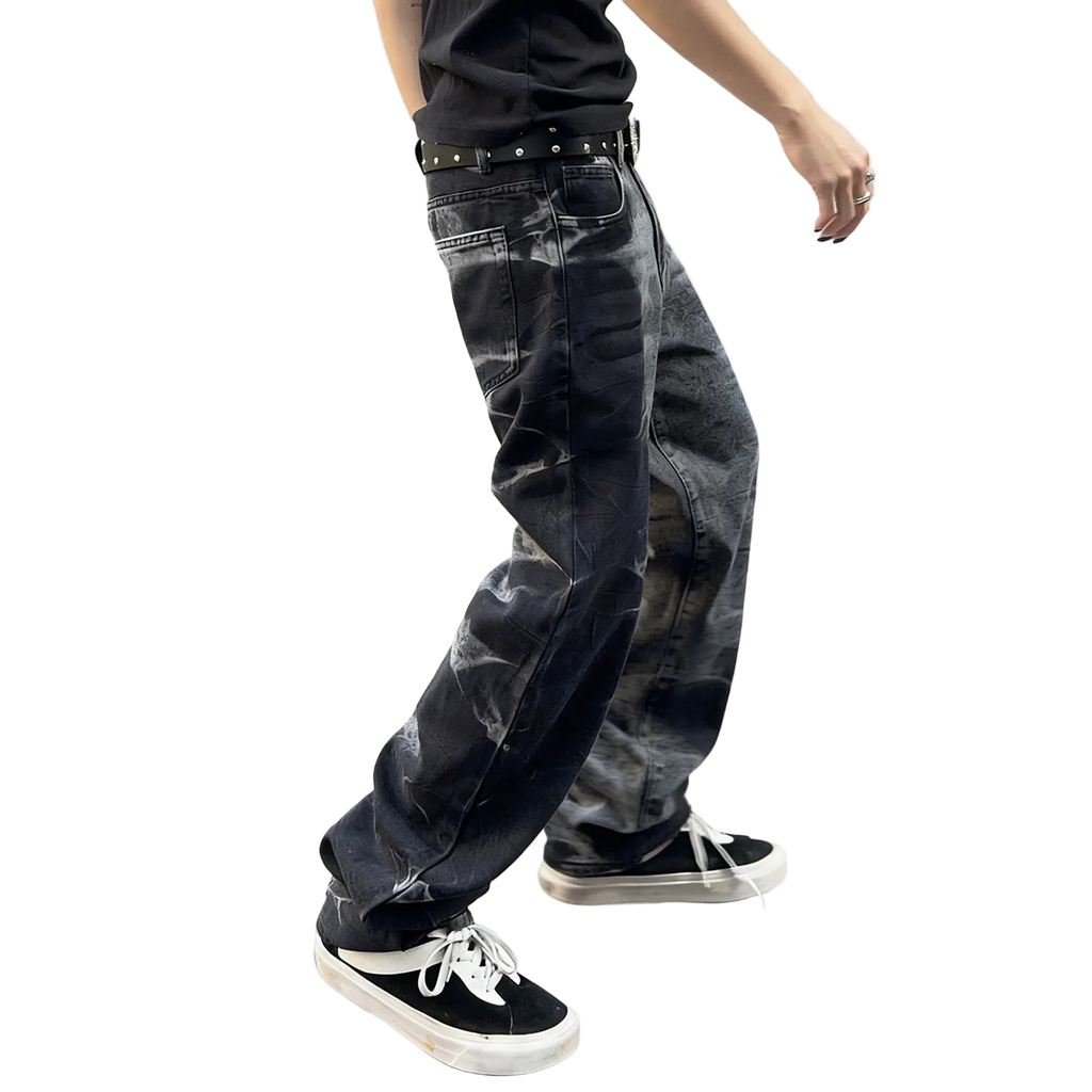 Black Straight Leg Splashed Ink Denim Pants