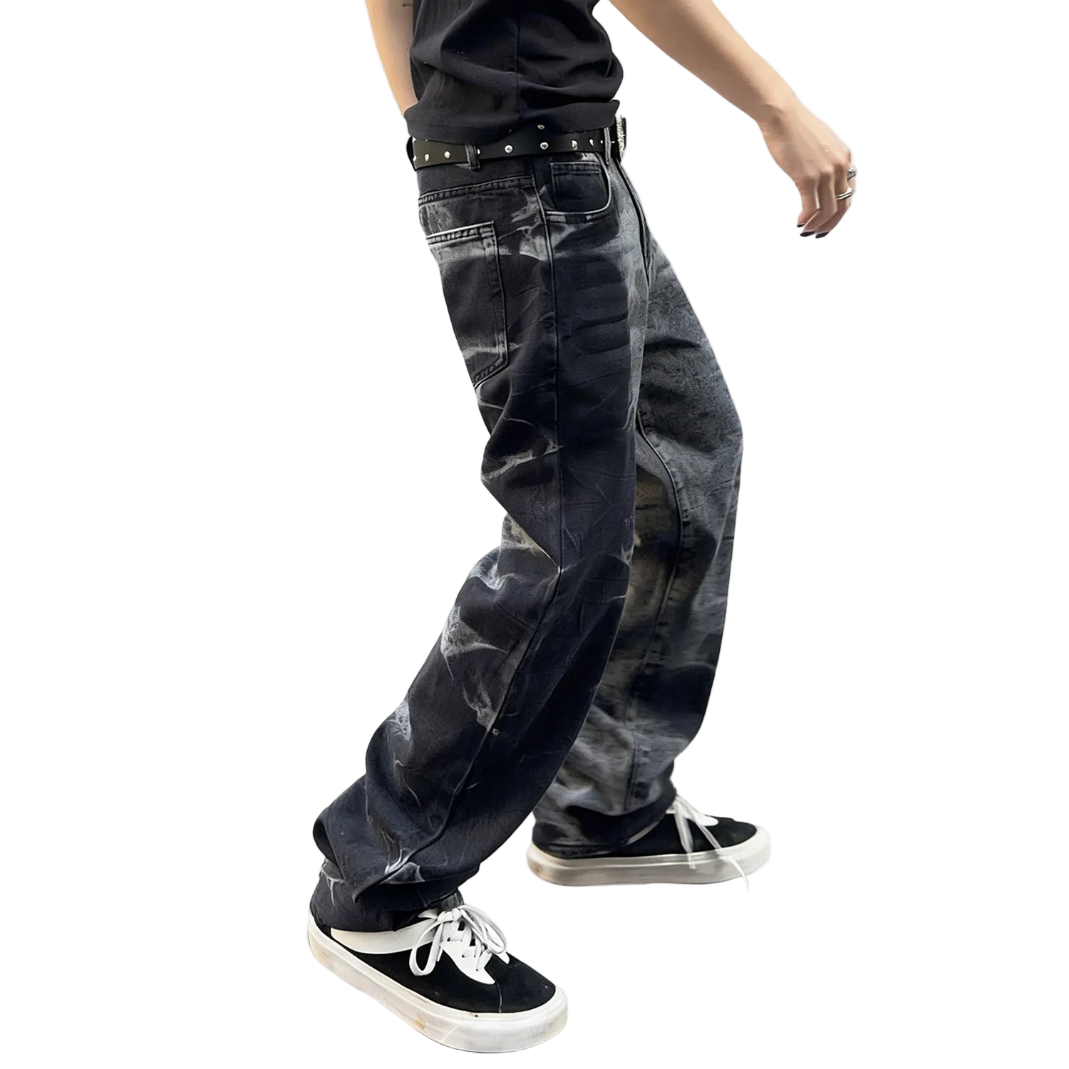 Black Straight Leg Splashed Ink Denim Pants