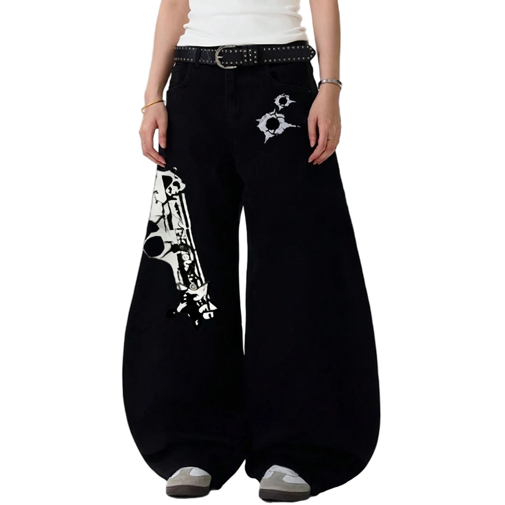 Baggy Pistol Print Machete Wide Leg Denim Pants