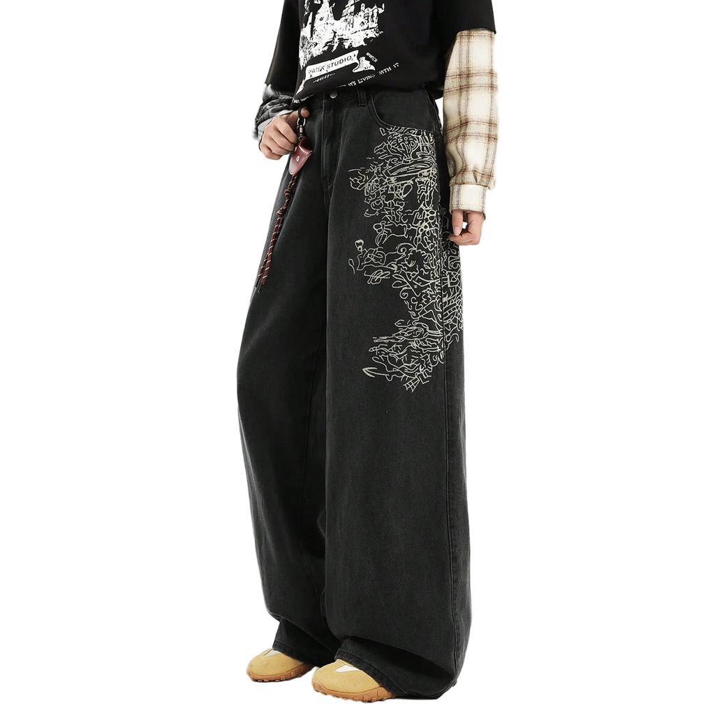 Loose Wide Leg Printed Baggy Denim Pants