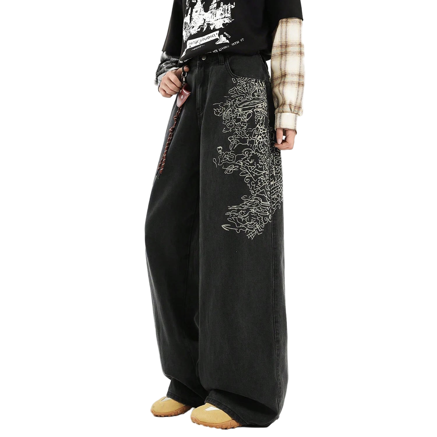 Loose Wide Leg Printed Baggy Denim Pants
