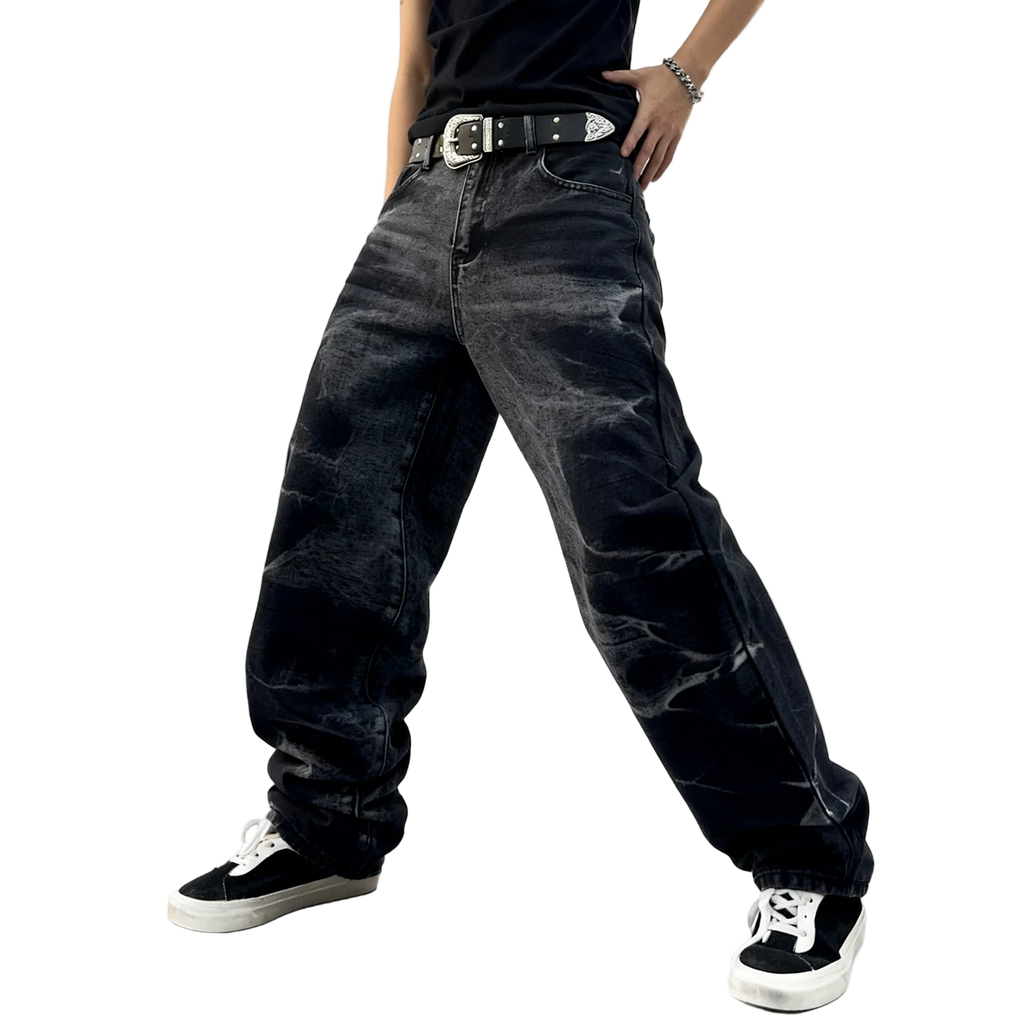 Black Straight Leg Splashed Ink Denim Pants