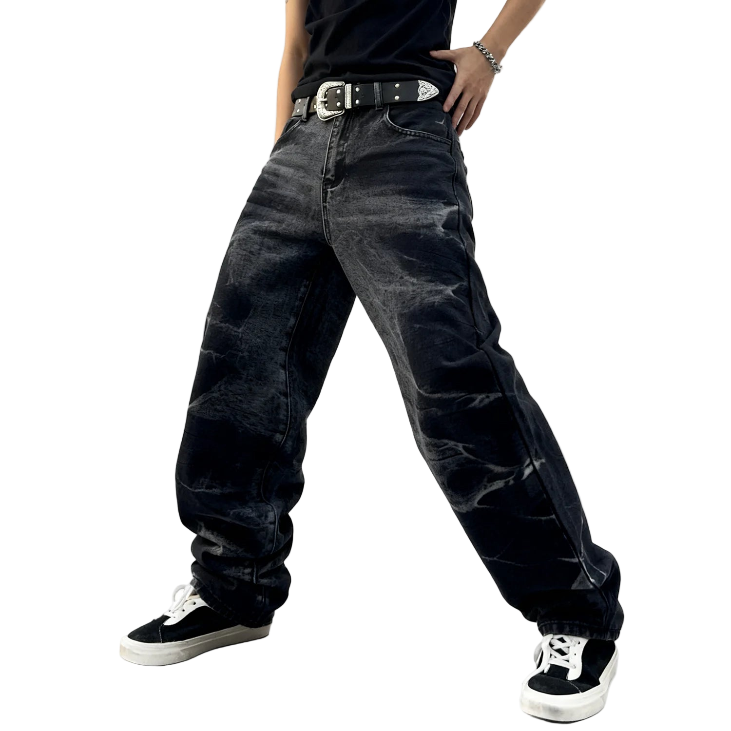 Black Straight Leg Splashed Ink Denim Pants