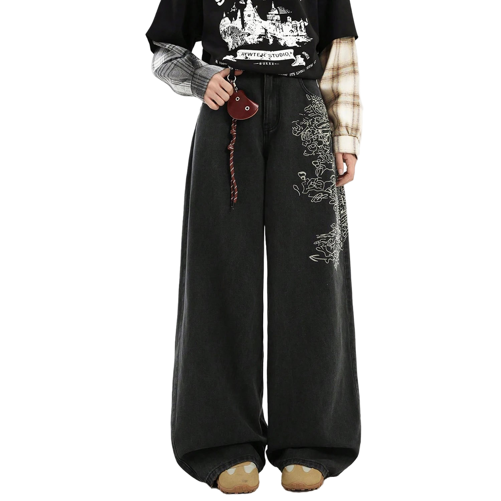 Loose Wide Leg Printed Baggy Denim Pants
