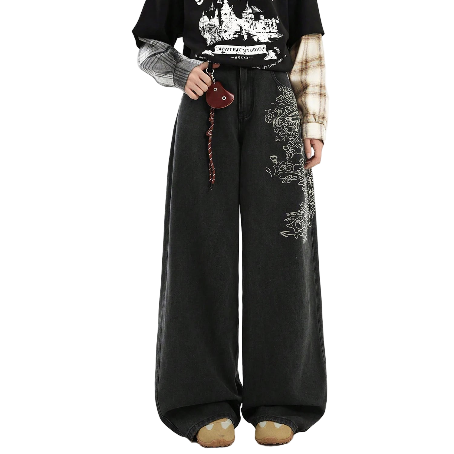 Loose Wide Leg Printed Baggy Denim Pants