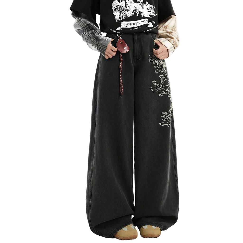 Loose Wide Leg Printed Baggy Denim Pants