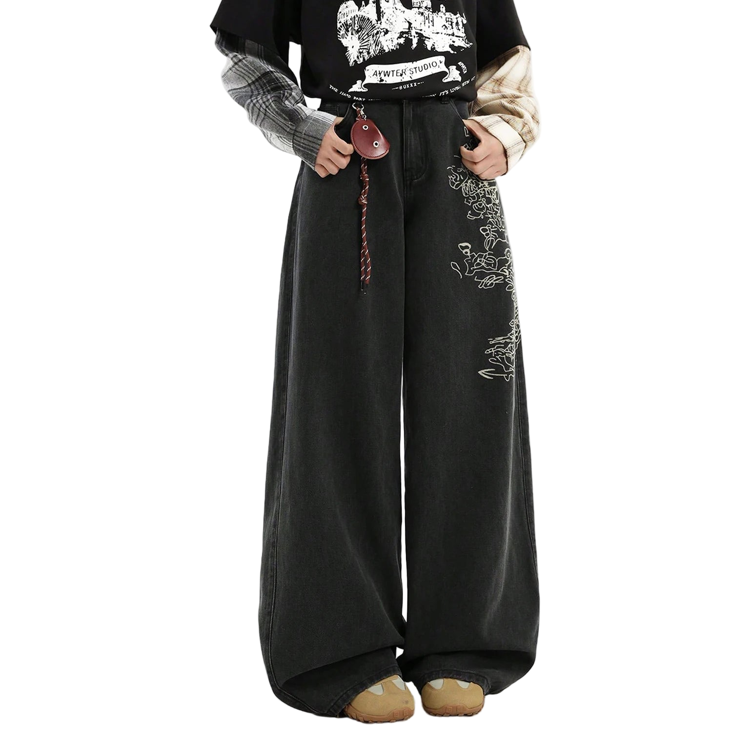 Loose Wide Leg Printed Baggy Denim Pants