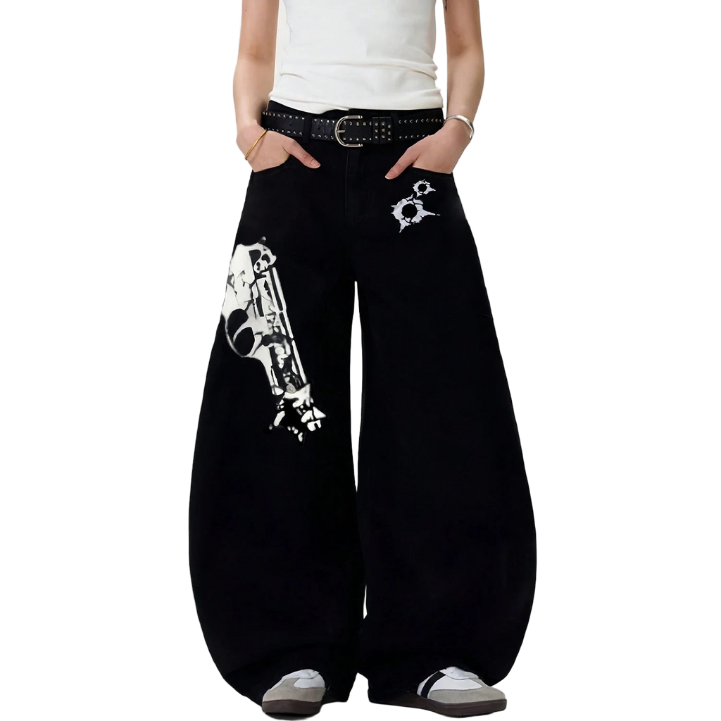 Baggy Pistol Print Machete Wide Leg Denim Pants