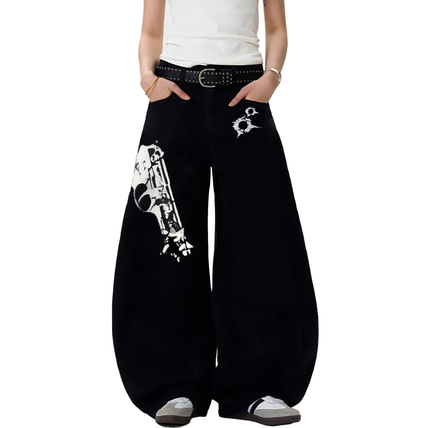 Baggy Pistol Print Machete Wide Leg Denim Pants
