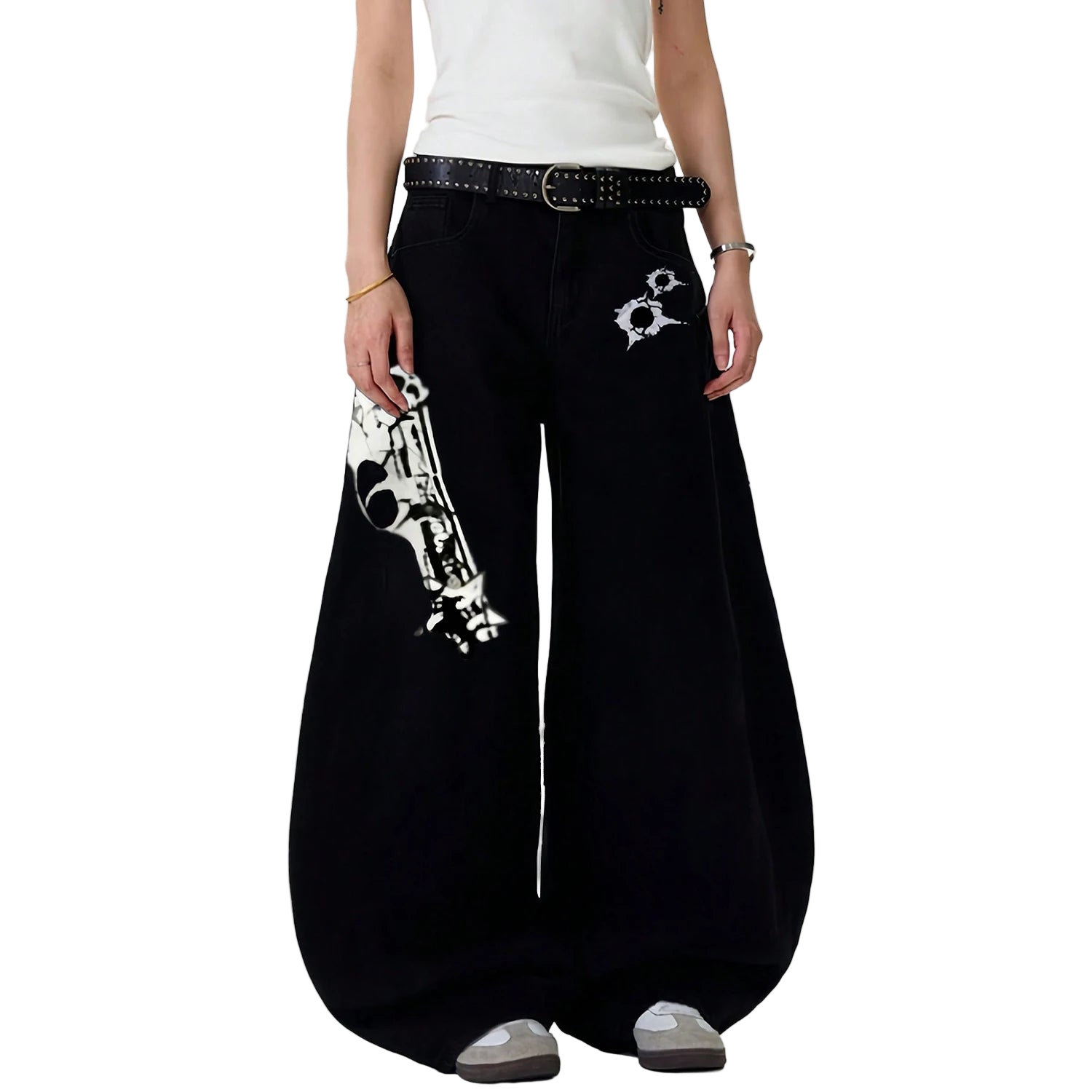 Baggy Pistol Print Machete Wide Leg Denim Pants