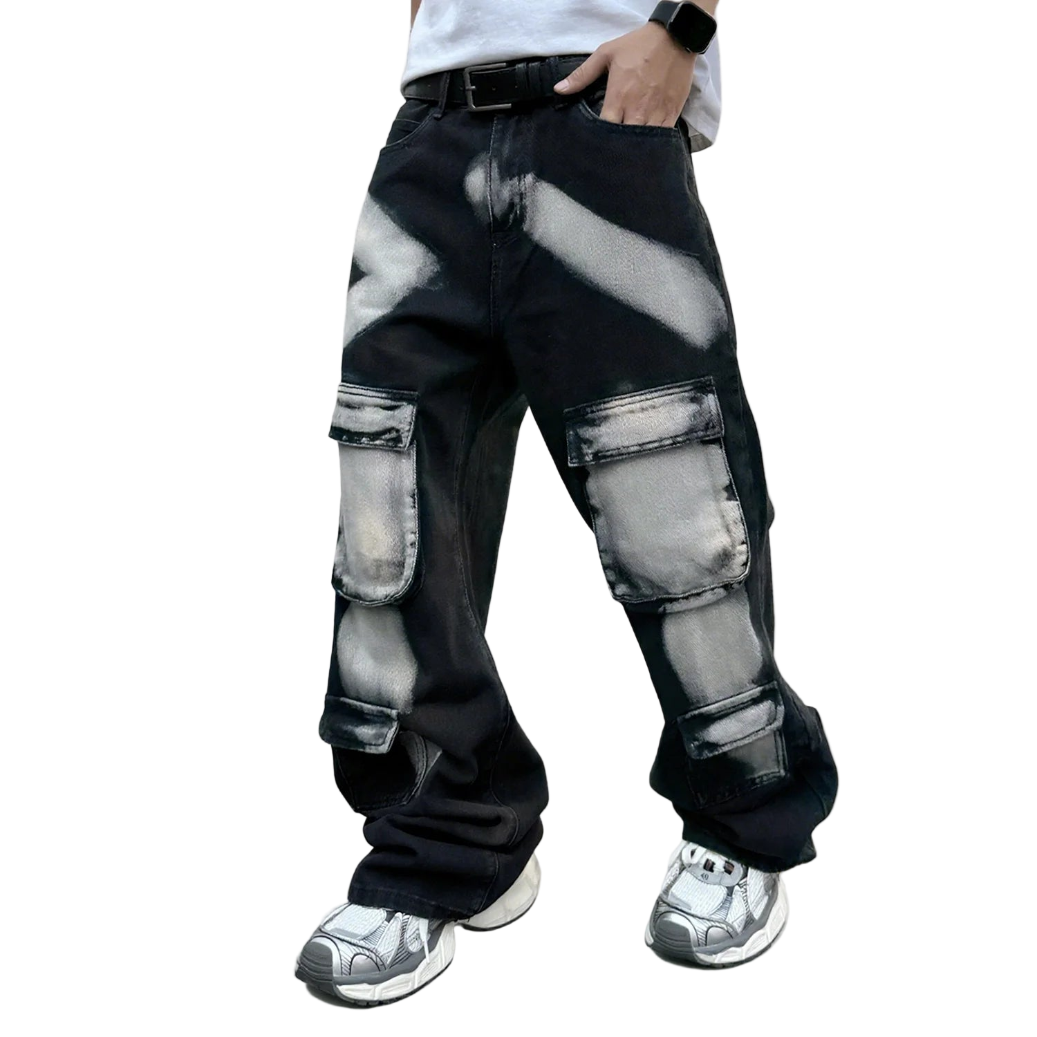 Black Workwear Cargo Jeans Splashed Ink