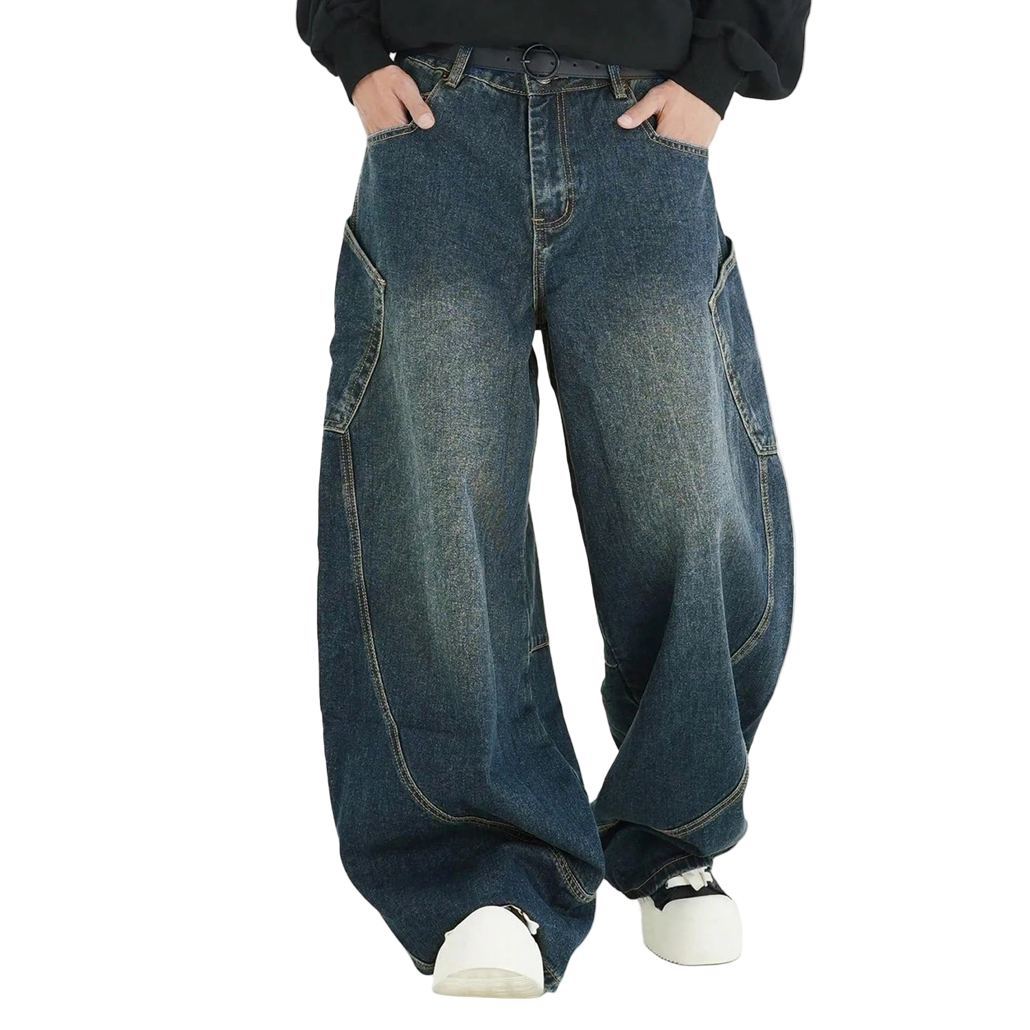 Vintage Washed Denim Pants with Large Pockets