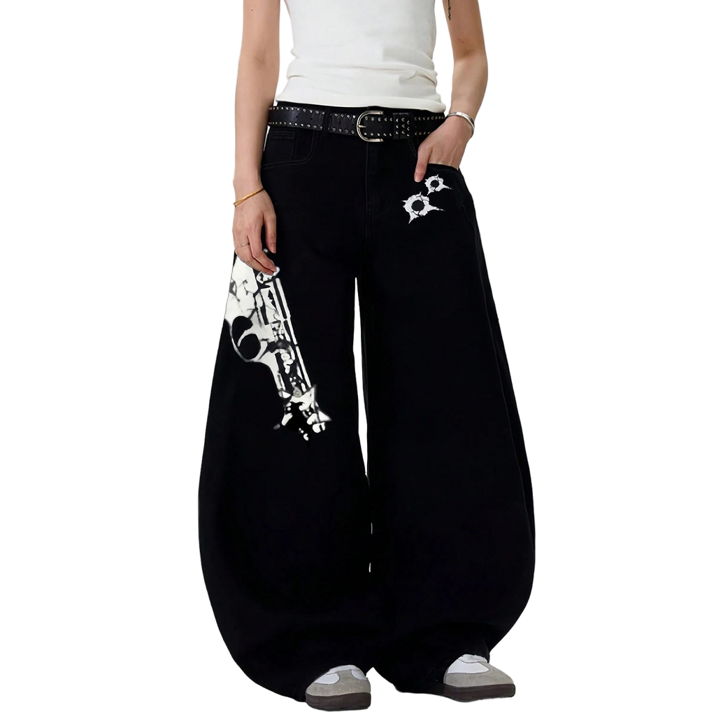 Baggy Pistol Print Machete Wide Leg Denim Pants
