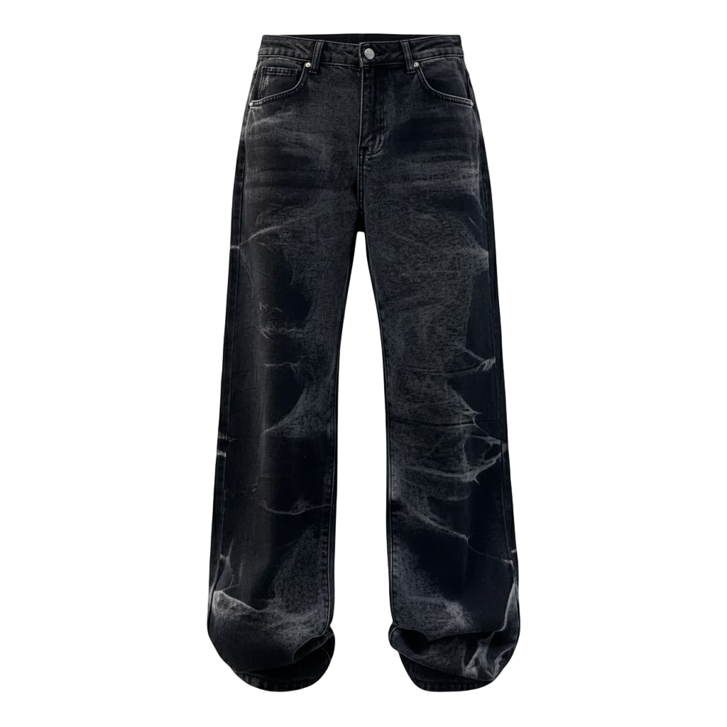 Black Straight Leg Splashed Ink Denim Pants