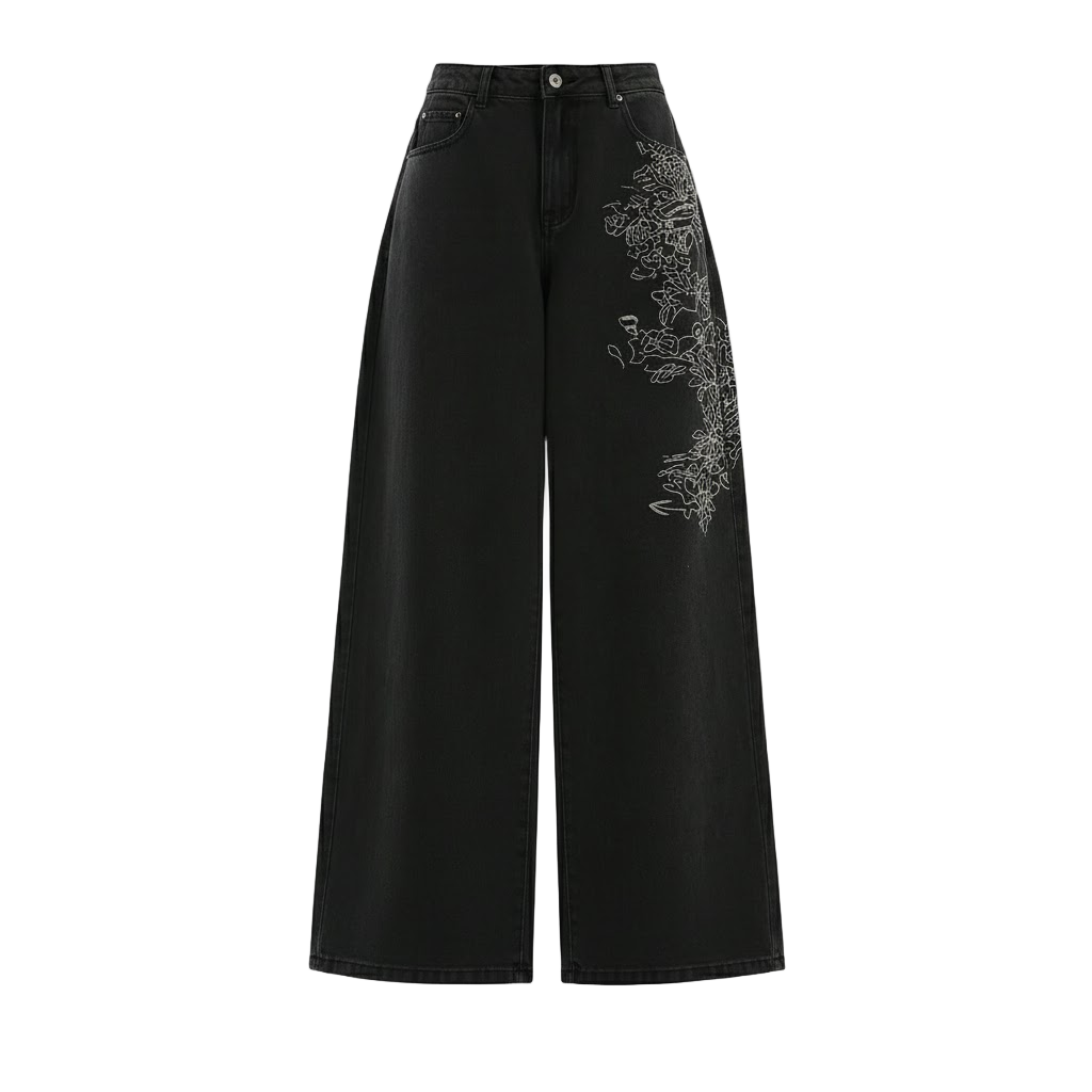 Loose Wide Leg Printed Baggy Denim Pants