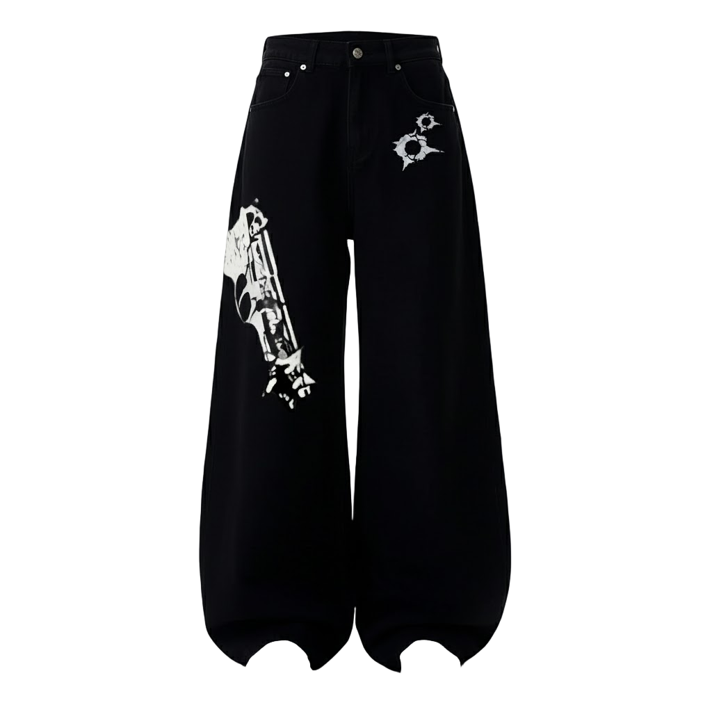 Baggy Pistol Print Machete Wide Leg Denim Pants