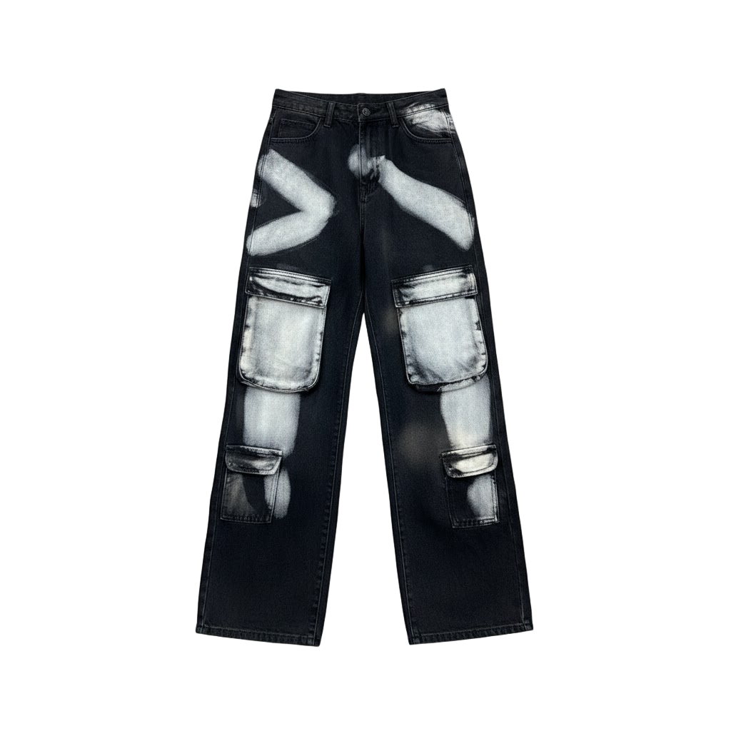 Black Workwear Cargo Jeans Splashed Ink