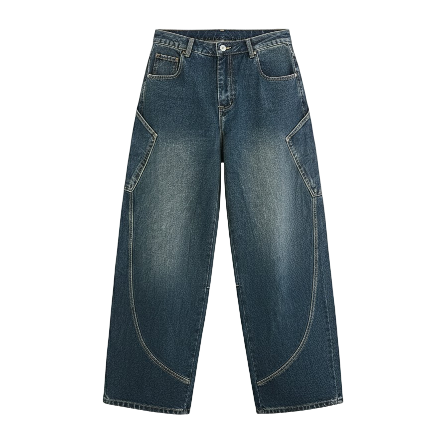 Vintage Washed Denim Pants with Large Pockets