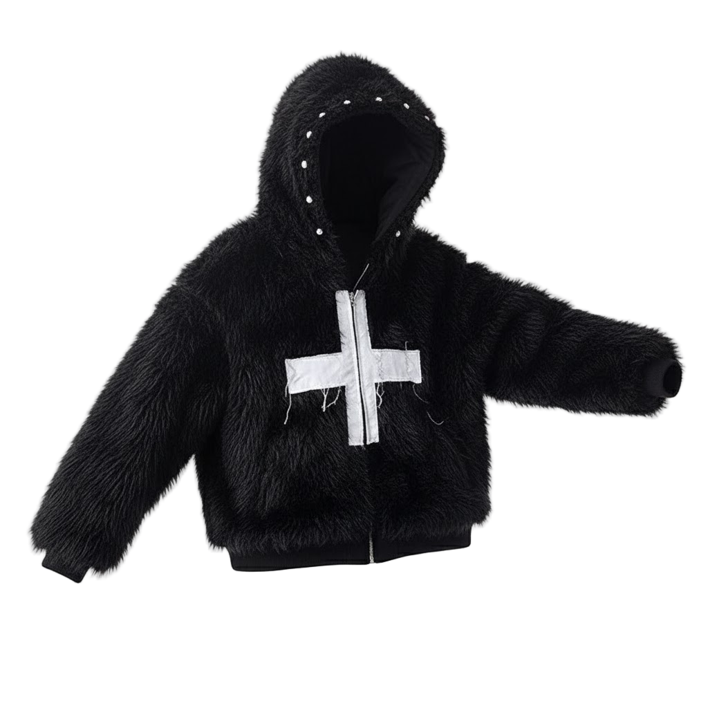 Faux Fur Coat with Riveted Hood