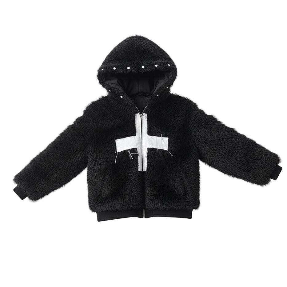 Faux Fur Coat with Riveted Hood