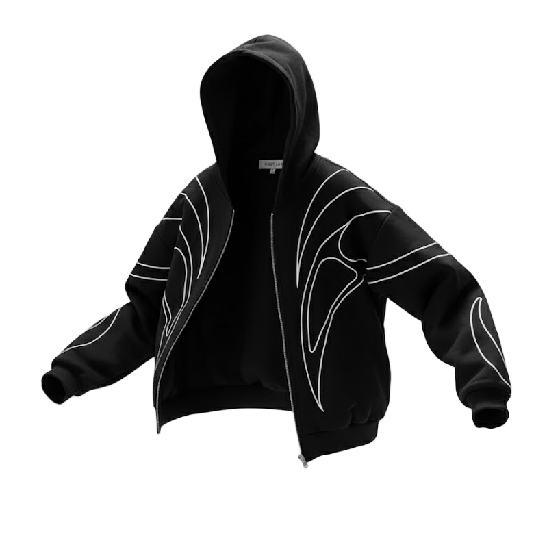 Embroidered Black Double Zipper Hoodie