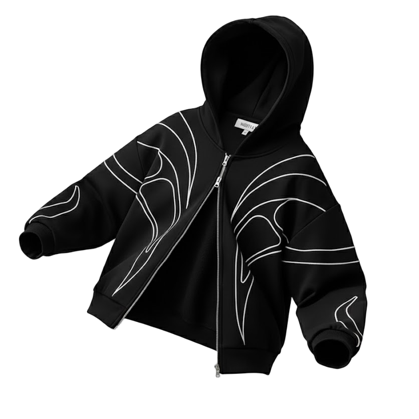 Embroidered Black Double Zipper Hoodie