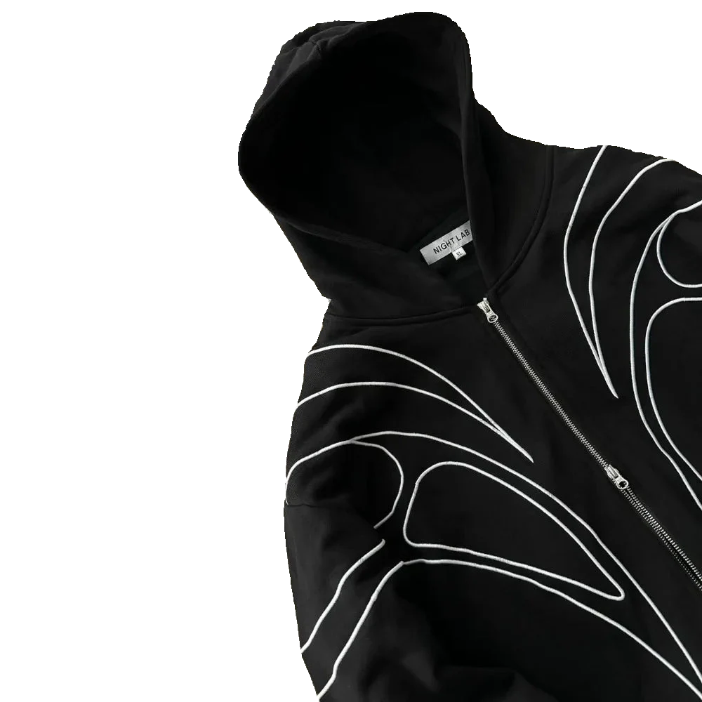 Embroidered Black Double Zipper Hoodie