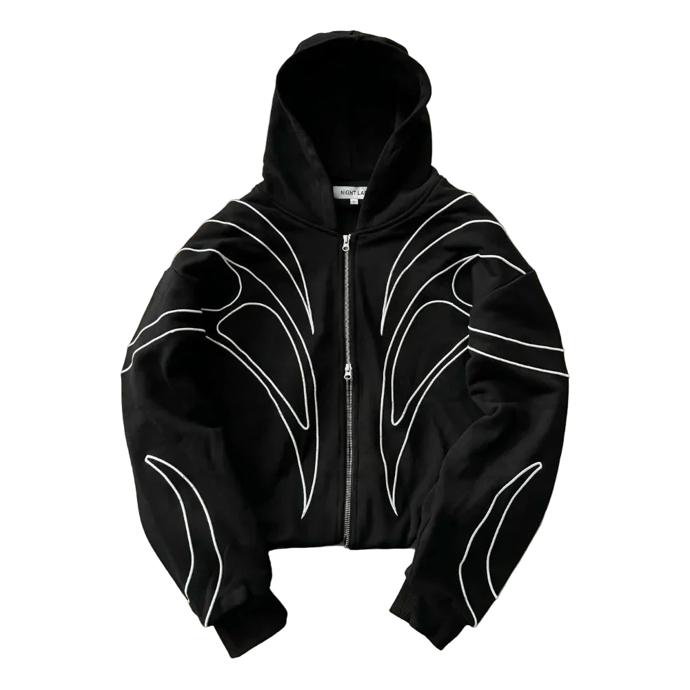Embroidered Black Double Zipper Hoodie