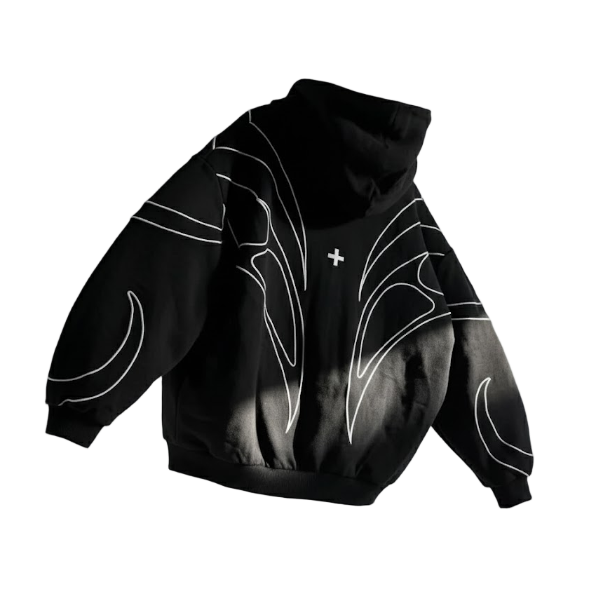 Embroidered Black Double Zipper Hoodie